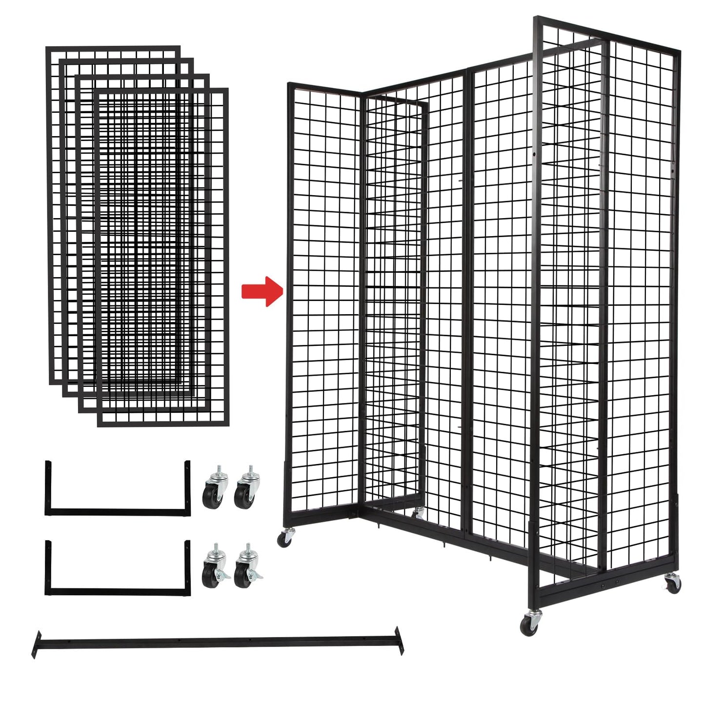 NectaCol Grid Gondola Unit, 4pcs 2'x 5' Grid wall Panels with Sturdy Frames, Gridwall Display Stand with Wheels, Craft Show Gridwall Display Rack, Art Display - Black