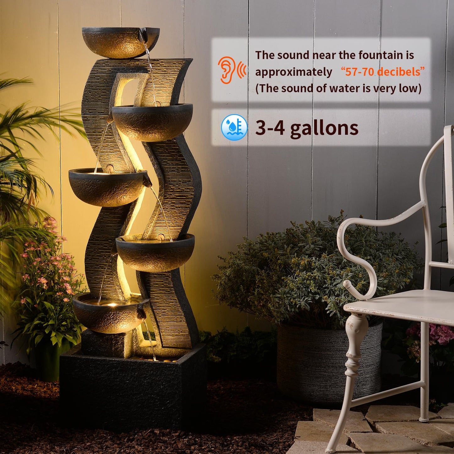 Takamota 52.8" Tall Outdoor Water Fountain with Lights, 6-Tier Cascading Resin Waterfall Feature for Porch, Garden, Yard, Deck, Patio – Large Freestanding Outdoor Fountain and Waterfall Outside Decor