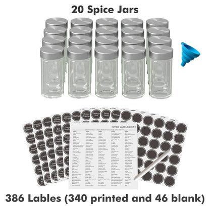 New England Stories Revolving Spice Rack Set with 20 Spice Jars, Kitchen Spice Tower Organizer for Countertop or Cabinet - Carousel Storage Includes 386 Spice Labels (Gold)