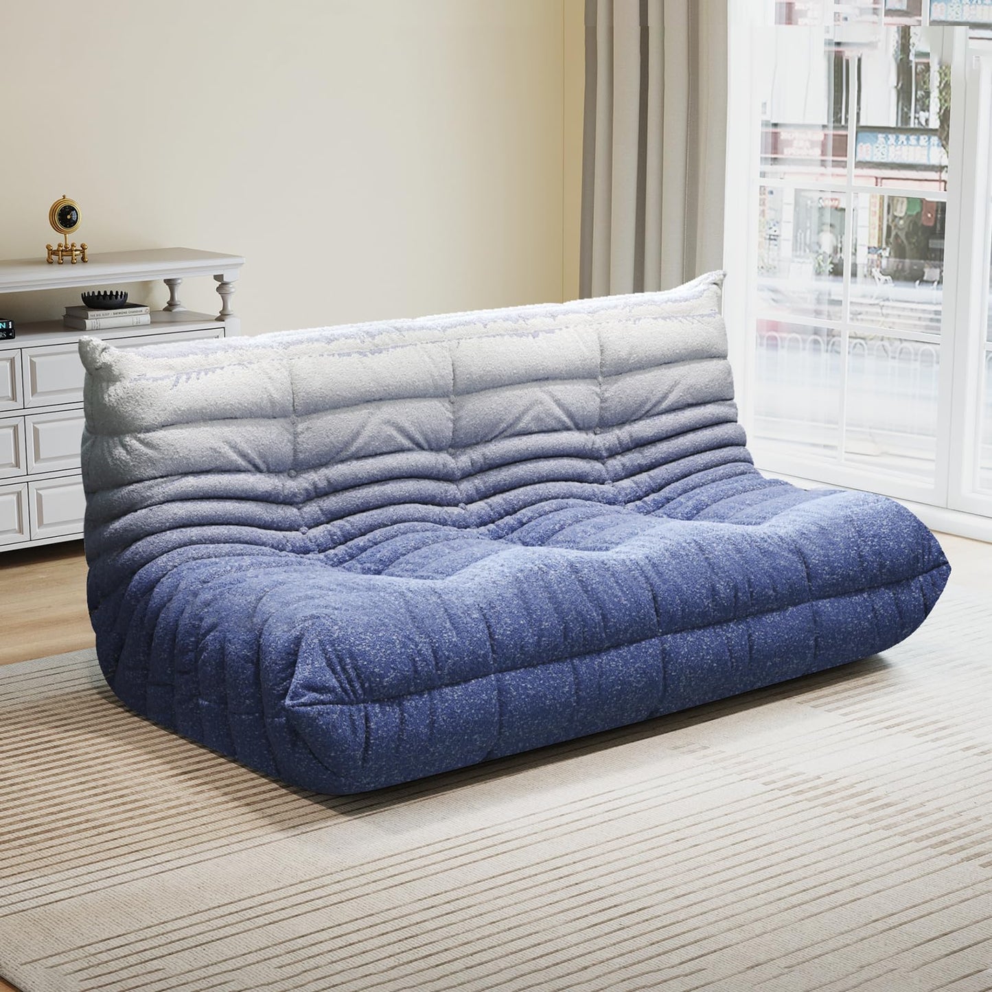 Selyteramy 3 Seat Oversized Bean Bag Chairs for Adults, Memory Foam Fireside Beanbag Couch, Comfy Bean Bag Lounger Lazy Sofa for Living Room, Bedroom, Playroom, White + Blue