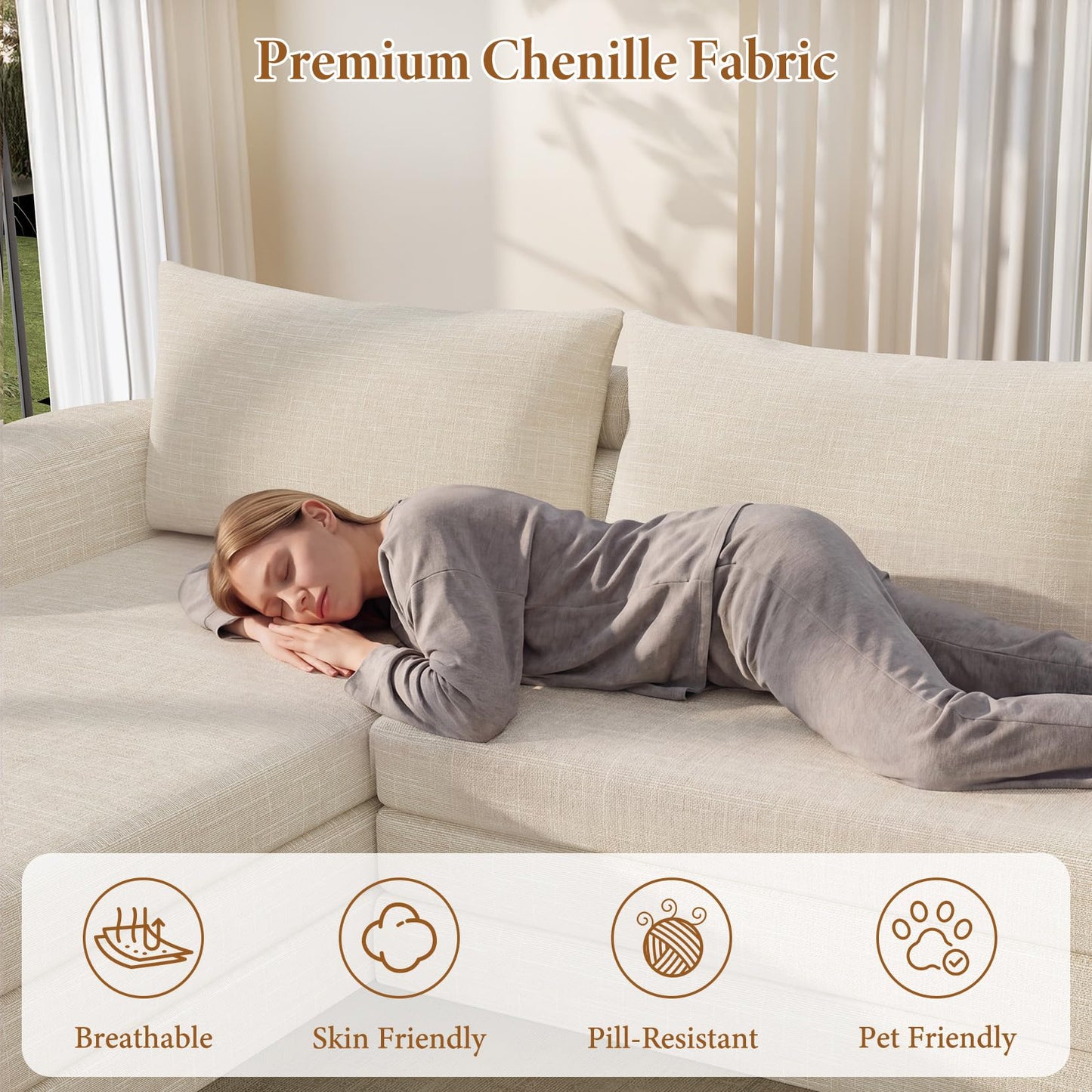 Vesgantti 6 in 1 Convertible Folding Sleeper Sofa Bed, 110.2" Modular Sectional Sofa with Curved Armrest, Chenille Boneless Couch for Living Room, No Assembly Required, Beige, Left Facing Chaise