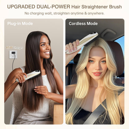 Luxspire Cordless Hair Straightener Brush, Dual Power Hair Brush Straightener with 45W Fast Charger, 6 Temps 200M Negative Ions, Portable Comb for Travel, White