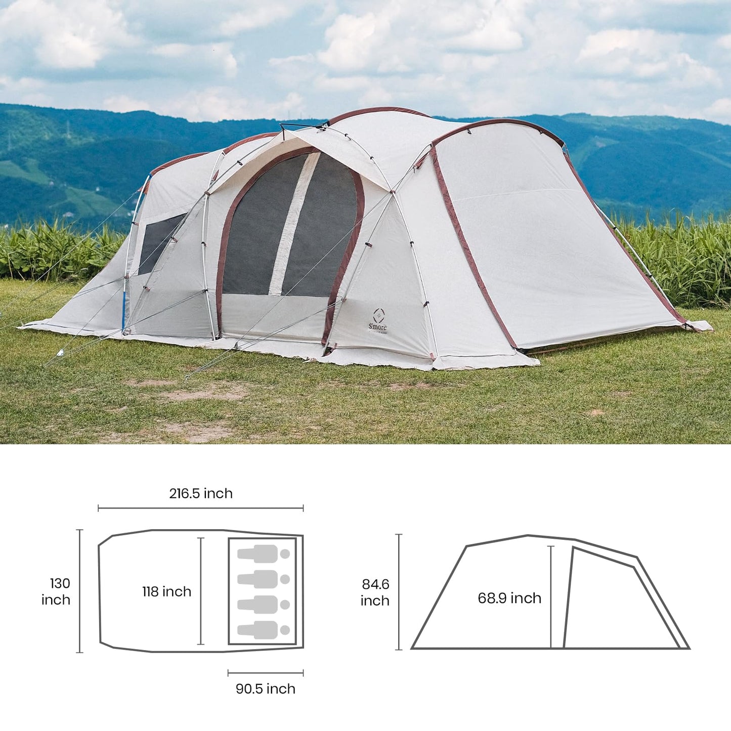 S'more Maroom Glamping Tent with Porch, 2/3/4/5/6Person Durable Weatherproof Camping Tent, Large Family Tent with Room Divider, Easy Setup Tent with Screen Room