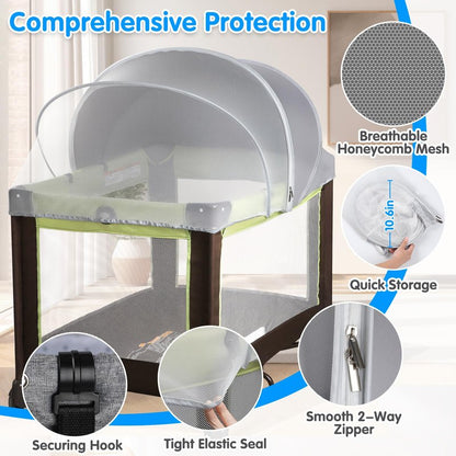 Pack N Play Tent Cover - Light-Blocking Mosquito Net with Two-Way Zipper Portable Bassinet Canopy to Keep Cats Out Bedside Bassinet Insect-Proof Cover, Gray-Large
