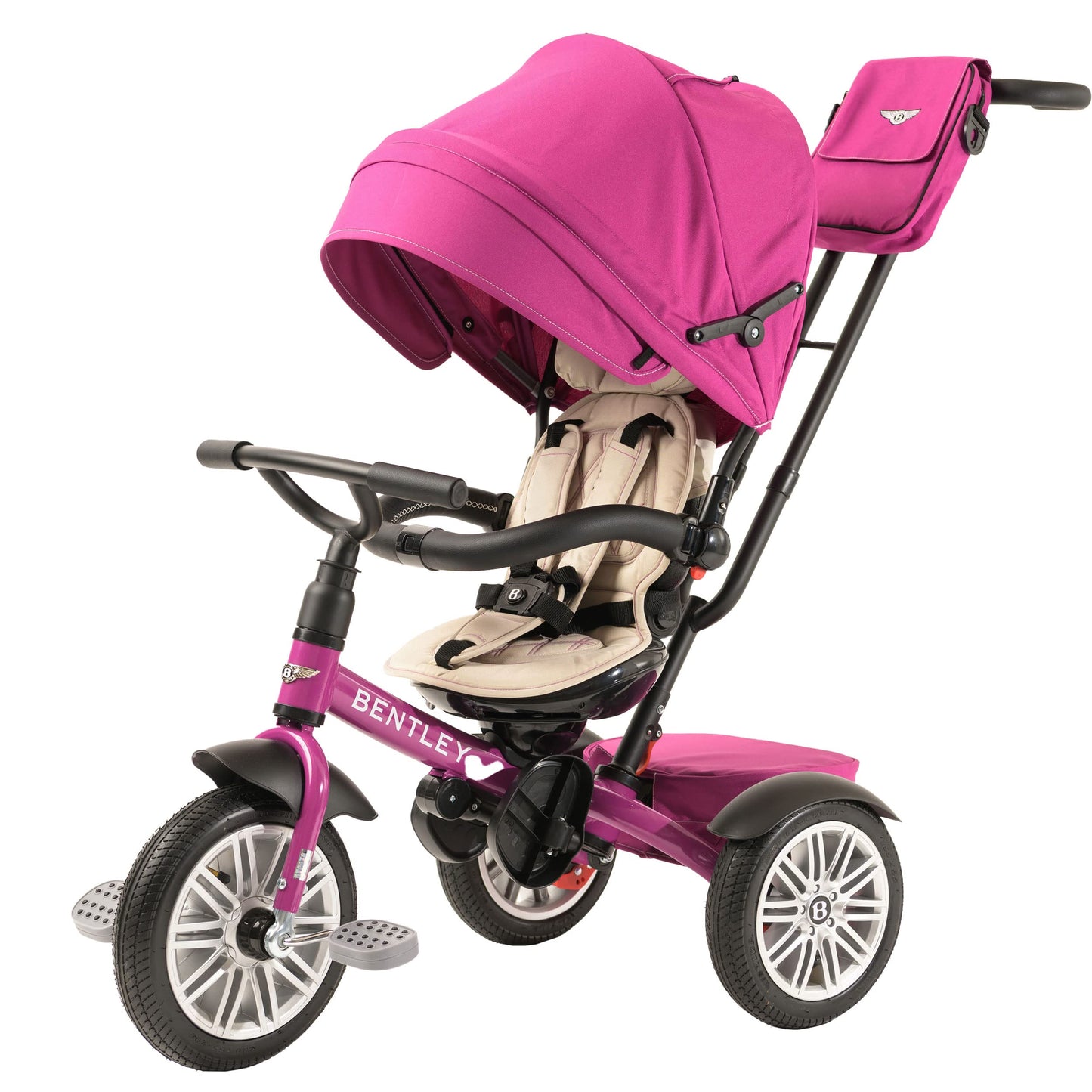 Bentley 6-in-1 Baby Stroller & Toddler Tricycle – Officially Licensed Luxury Kids Bike, Convertible Travel Strollers & Kid Trike with Air Wheels, Canopy & Safety Features (6m-5y+ | Fuschia Pink)