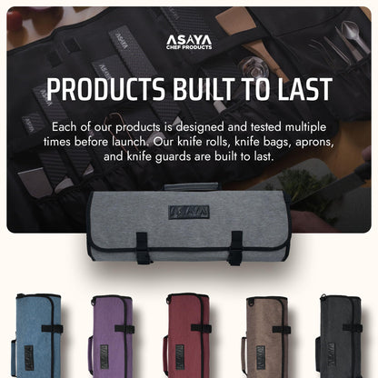 Asaya Waxed Nylon Chef Knife Roll Bag with 20 Slots and Zippered Pockets - Professional Chef Knife Bag & Storage Case, Tool Carrier with Shoulder Strap - Knives Not Included (Grey)