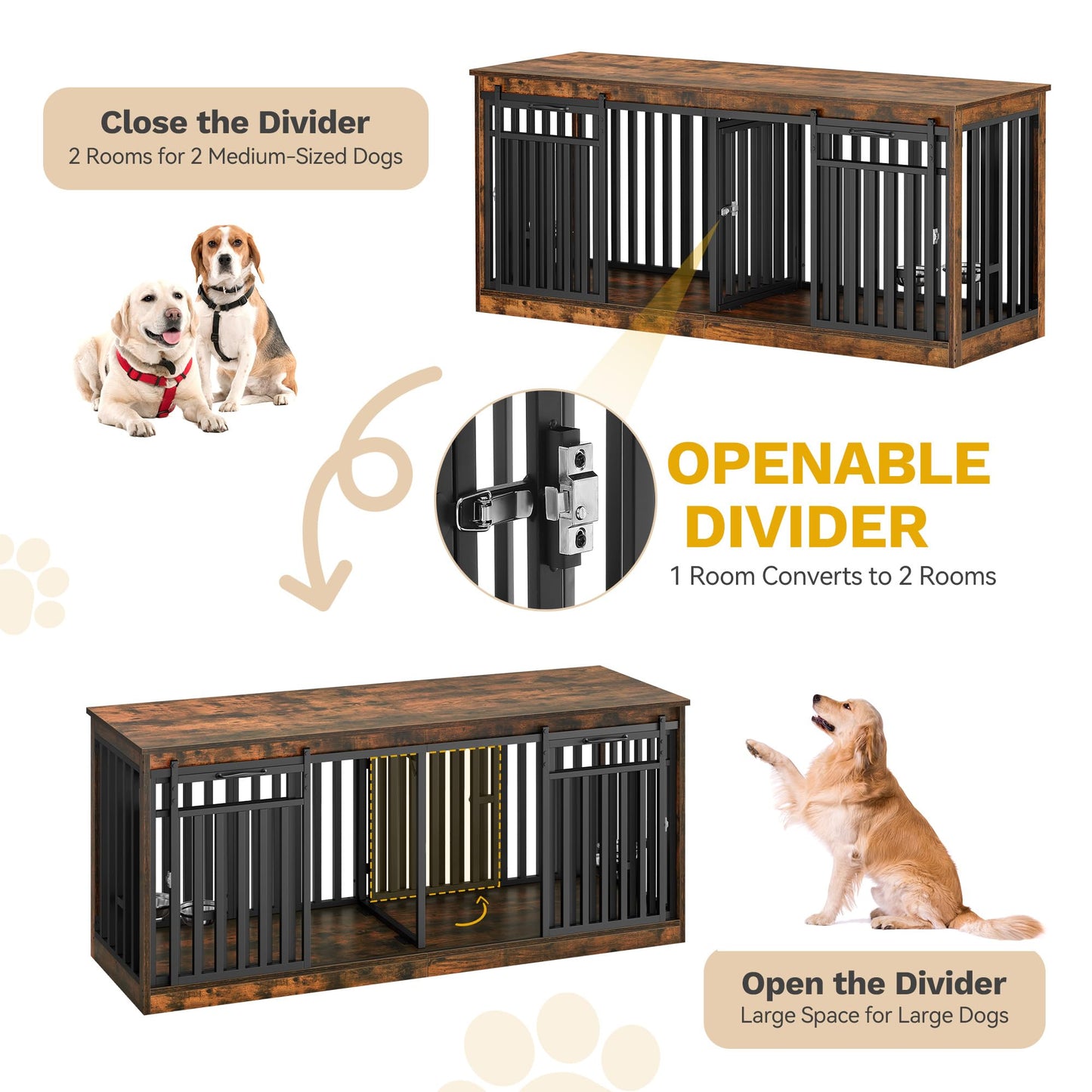 DWVO 71" Double Dog Crate Furniture for 2 Medium Dogs, Heavy Duty Wood Dual Dog Kennel TV Stand with Sliding Doors, Decorative Wooden 2 Dog Cage Table with Dog Bowls for Extra Large Dogs Rustic Brown