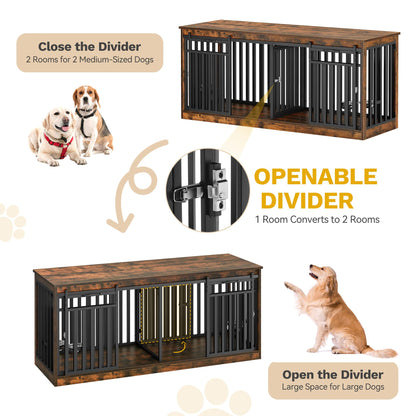 DWVO 71" Double Dog Crate Furniture for 2 Medium Dogs, Heavy Duty Wood Dual Dog Kennel TV Stand with Sliding Doors, Decorative Wooden 2 Dog Cage Table with Dog Bowls for Extra Large Dogs Rustic Brown