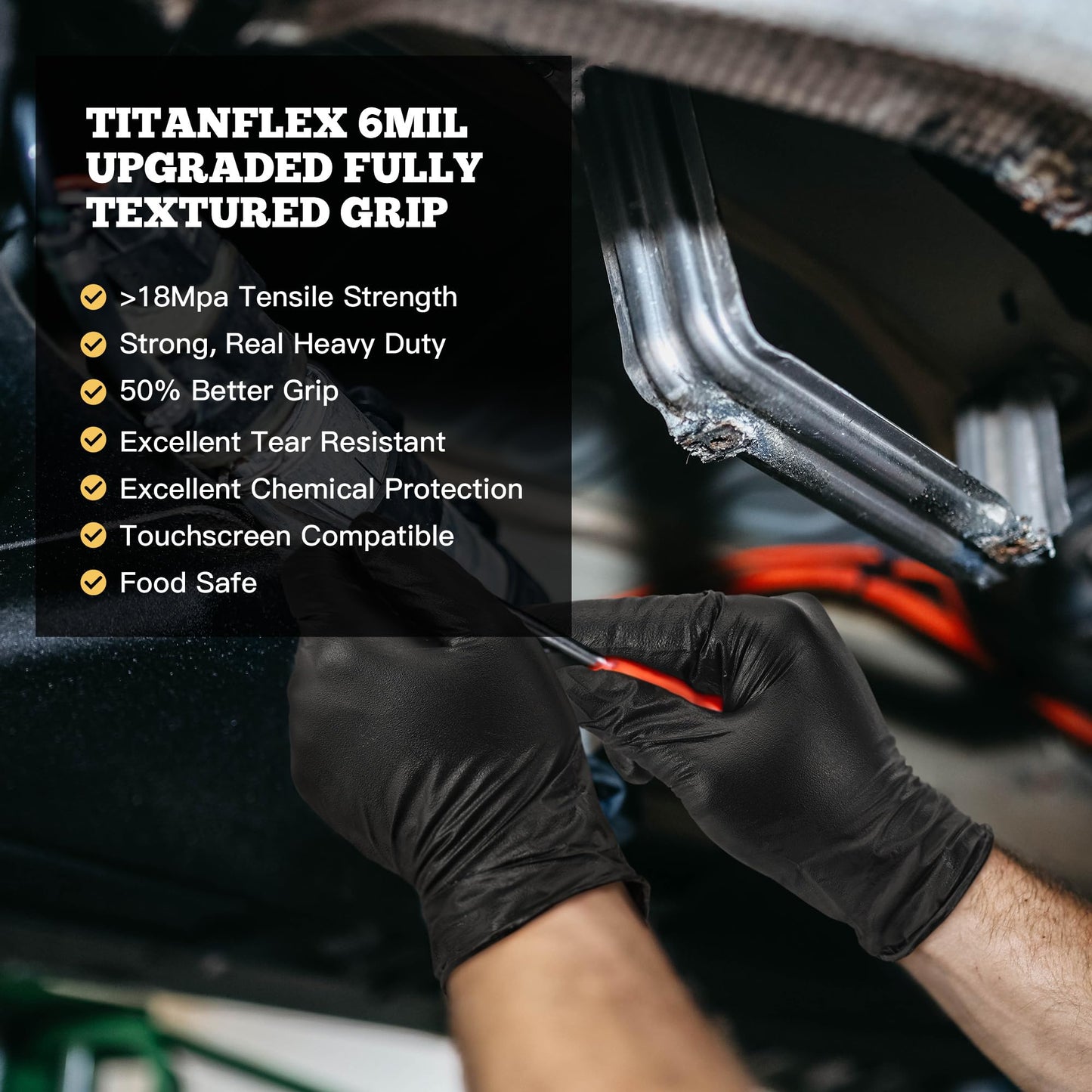 TitanFlex Heavy Duty Black Nitrile Gloves, 6-mil, Fully Textured, Large 100-ct Box, Mechanic Disposable Gloves, Work Gloves, Latex Free, Powder Free, Rubber Gloves for Food Prep