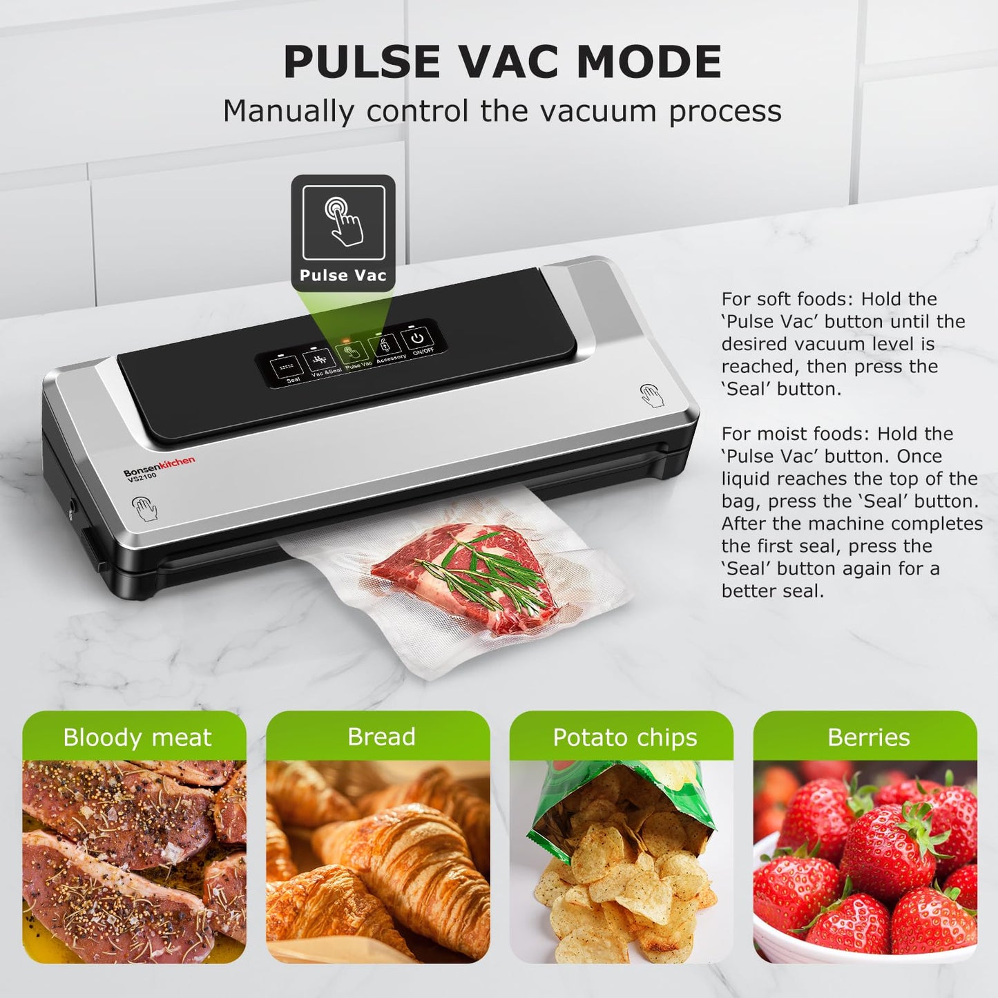 Bonsenkitchen Vacuum Sealer Machine | Compact Food Sealer for Kitchen Storage & Meal Prep | Multiple Modes | External Vacuum System | 5 Bags, Silver