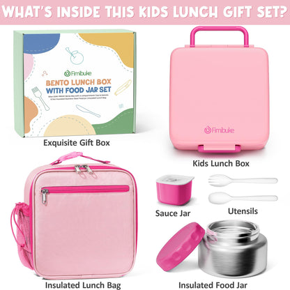 Fimibuke Kids Bento Lunch Box with Thermo, Leakproof Toddler Bento Box with 8.5OZ Insulated Food Jar, Lunch Bag & Utensils BPA Free Dishwasher Safe 3 or 4 Compartment Container for School Girls Boys