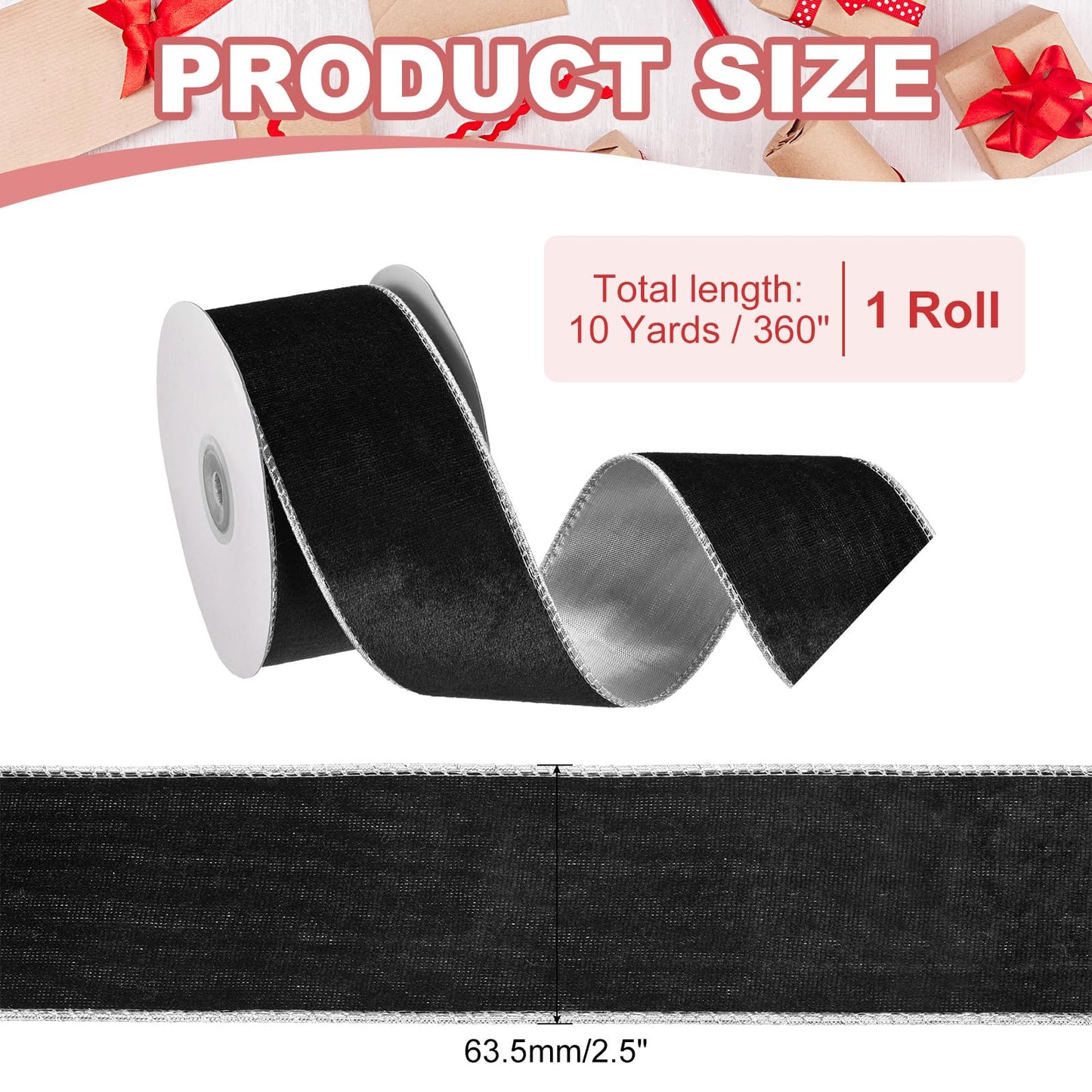 PATIKIL 10 Yards x 2.5" Christmas Ribbon, Velvet Ribbons Gift Wrapping Ribbon for Craft Birthday Wedding Festival Holiday Decoration, Black/Silver