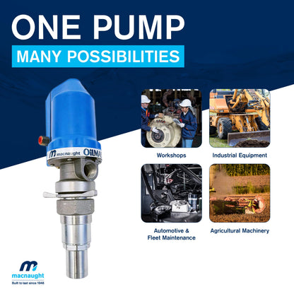 Macnaught 3:1 Ratio Air Operated Oil Transfer Pump. For gear oils up to SAE140, ATF, hydraulic & anti-freeze/anti-boil (Not for Gasoline or Diesel)