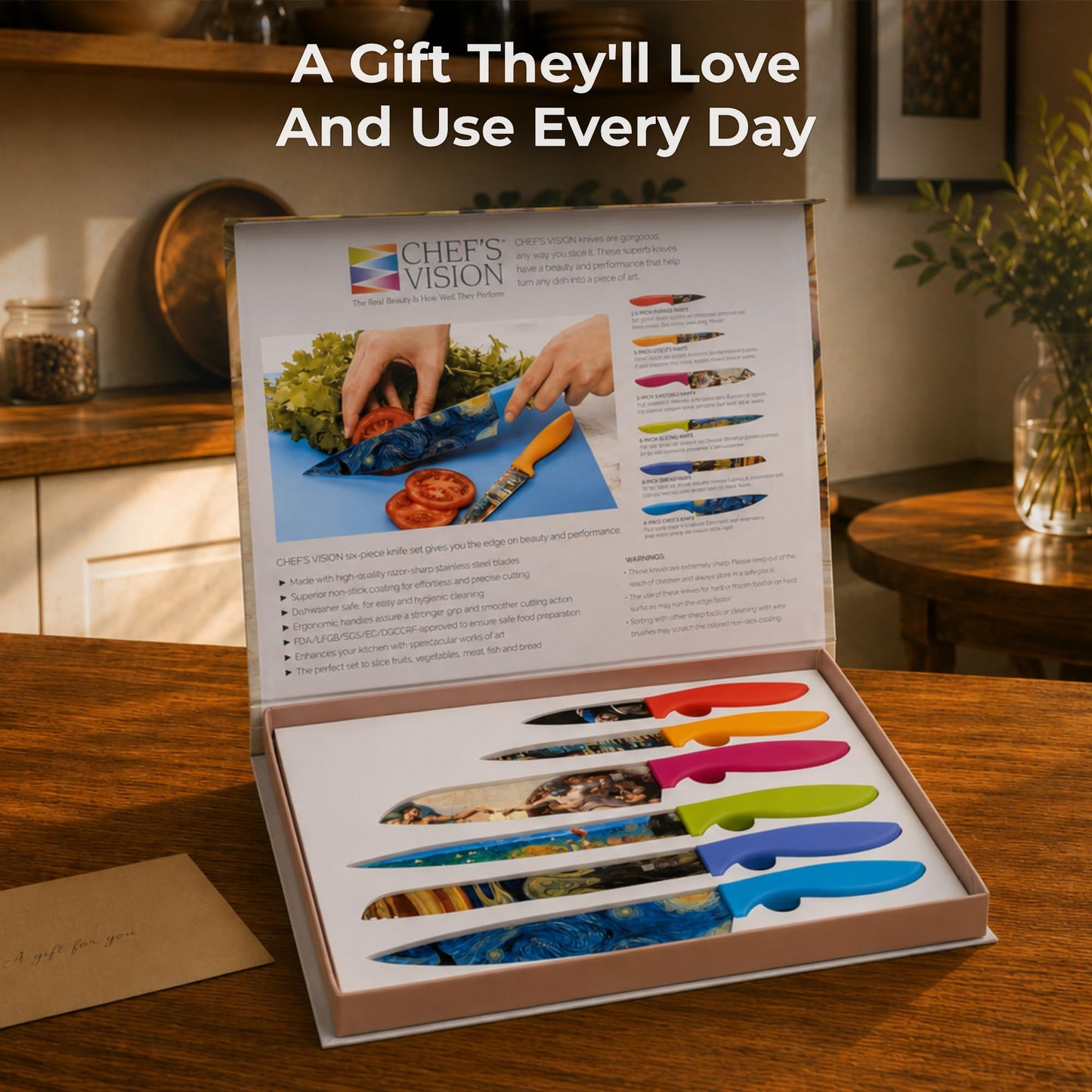 CHEF'S VISION Masterpiece Knife Set - 6-Piece Stainless Steel Cutting Knives Set for Kitchen - Stunning Artistic Designs, Great Gift for Women or Men - Unique Kitchen Knife Set Gift for Art Lovers