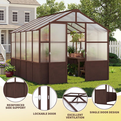 8x10 FT Outdoor Wood Greenhouse, Heavy Duty Solid Pine Wooden Walk-in Green House with 6MM Thick Polycarbonate Panels, Adjustable Roof Vents and Lockable Door, Garden House for Backyard Patio Lawn