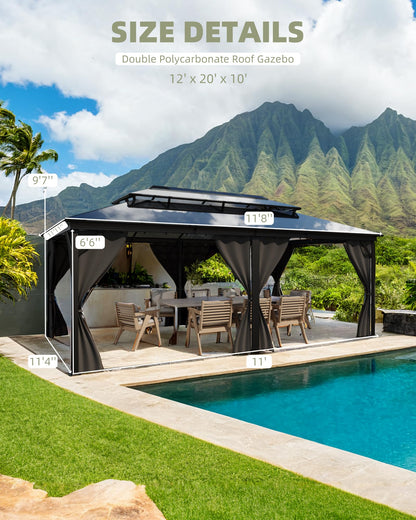GarveeLife Hardtop Gazebo 12 ft x20 ft for All Weather, Double Polycarbonate Sheets Roof, Aluminum Alloy Frame, Net, and Curtain, Permanent Building for Patio, Deck, Backyard, Lawn, and Garden