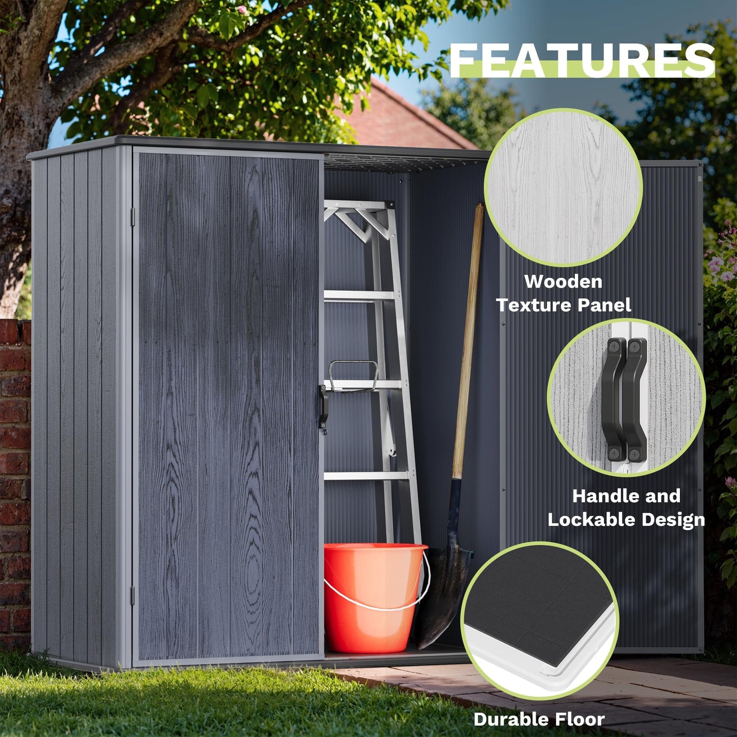 Devoko 5x3 FT Plastic Storage Shed with Floor, Small Resin Vertical Outdoor Storage Cabinet with Lockable Door, Waterproof Tool Garden Shed for Patio Lawn Backyard, Dark Gray