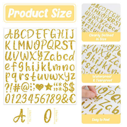 Glitter Gold Letter Stickers, 15 Sheets 1215 PCS Alphabet Number Stickers 1 Inch, Self Adhesive Vinyl Stickers for Graduation Cap Scrapbooking Water Bottles Mailbox DIY Crafts Signs Party Decor (Gold)