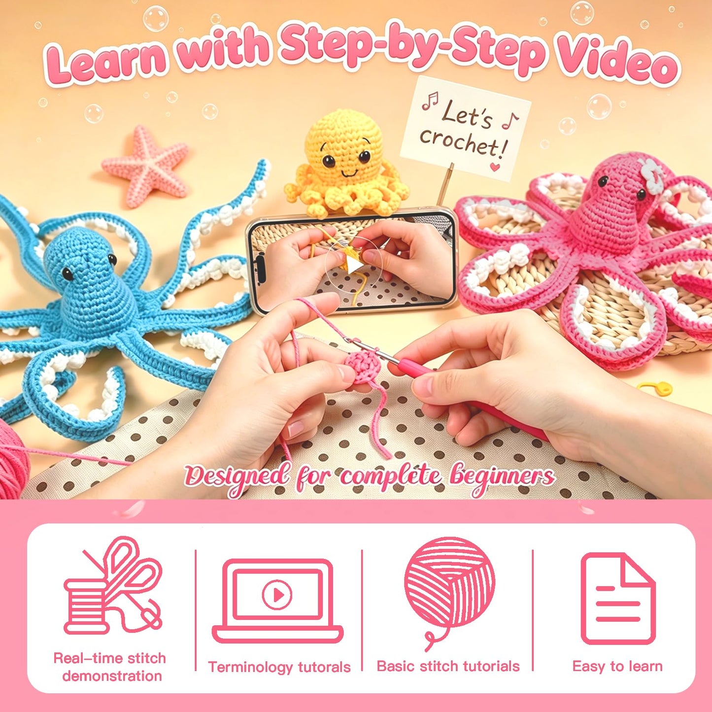MAGIMUSE Crochet Kit for Beginners, Octopus Family Amigurumi Set with Step-by-Step Video Tutorials – DIY Craft Knitting Supplies, 40% More Yarn
