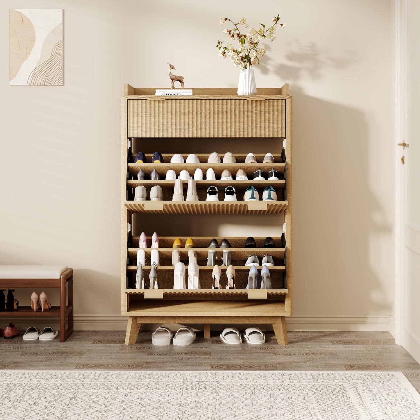 IDEALHOUSE 48" Tall Freestanding Fluted Shoe Storage Cabinet with 2 Flip Drawers, Hidden Narrow Shoe Rack Organizer Cabinet Storage for Entryway Living Room