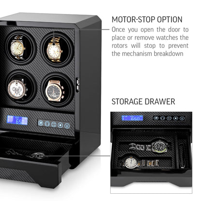 Automatic Watch Winder for 4 Watches with LED Light, LCD Display, Remote Control and Storage Drawer (Black)