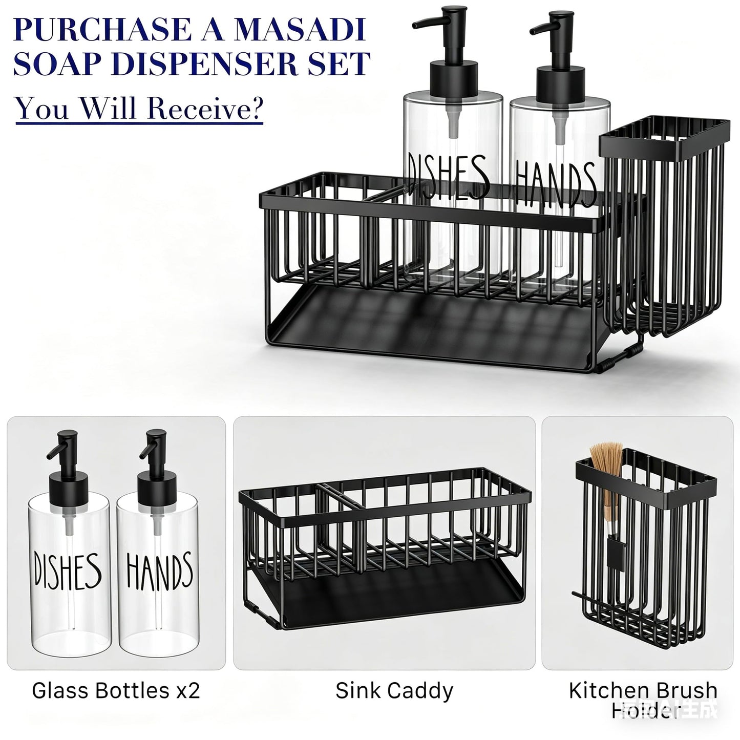 MASADI Kitchen Sink Caddy with Dish Soap Dispenser Set, 12OZ Glass Bottle, Hand and Dish Soap Dispenser Set, Non-Slip Silicone Pad, Brush Holder, Kitchen Sink Organizer Countertop (Black+Clear)