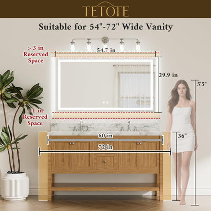 TETOTE 55 x 30 LED Bathroom Mirror with Frontlit and Backlit, Brighter Light up Bathroom Vanity Mirror with Lights, 3-Color Dimmable Lighted Vanity Anti Fog Mirror, Waterproof, Shatterproof
