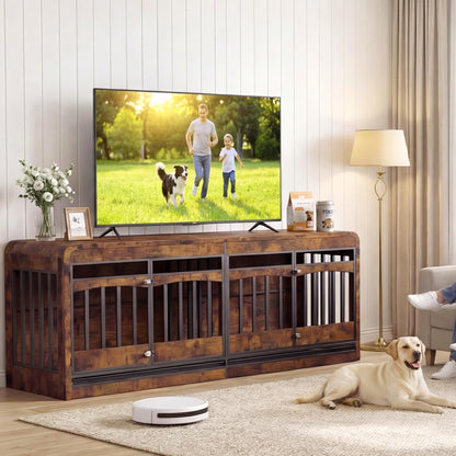 Homiflex 72" Double Dog Crate Furniture, Dog Crates for 2 Medium Large Dogs, Dog Cage TV Stand Side Table Wooden Indoor Dog Kennel with Removable Divider & Pull-Out Tray, Rustic Brown