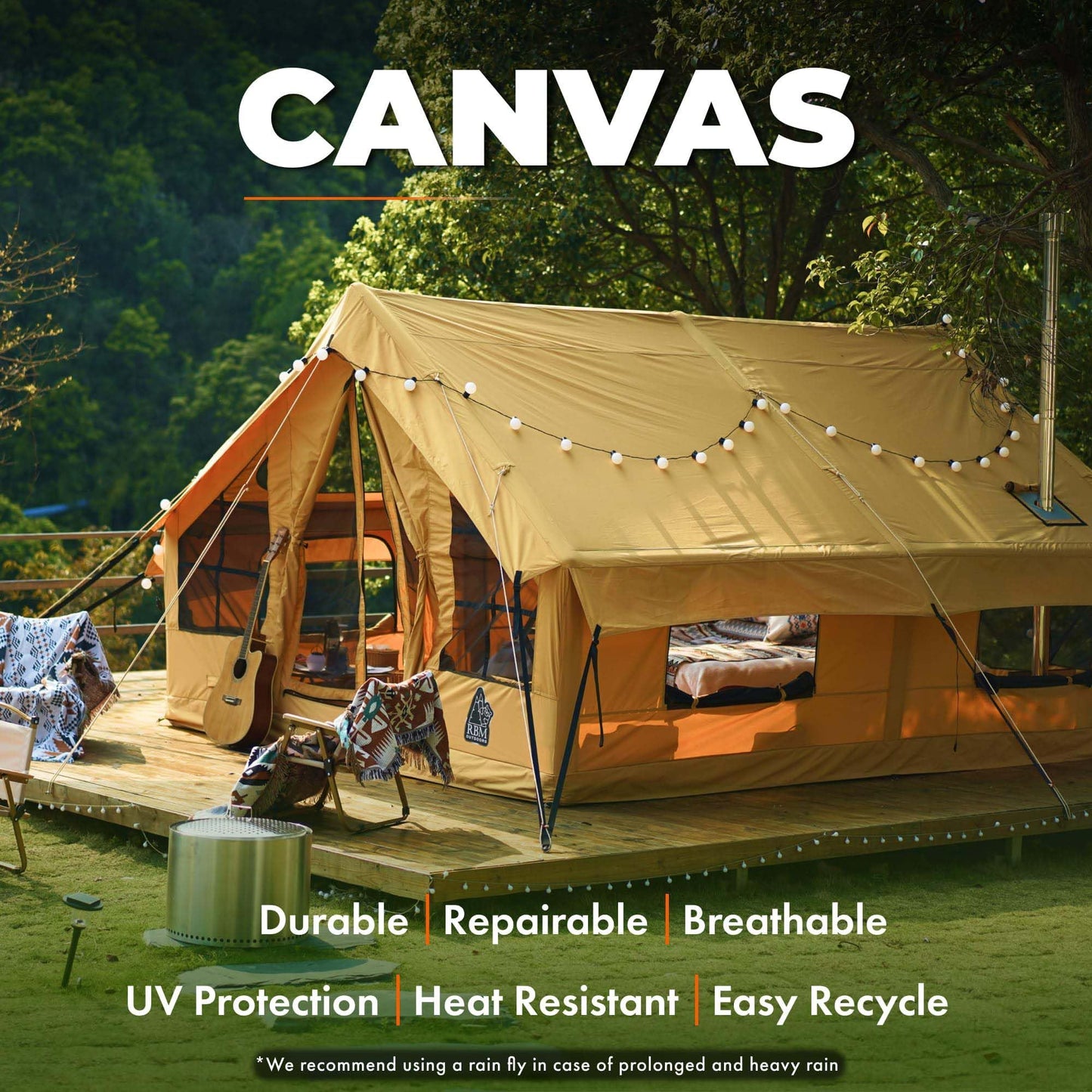 RBM Outdoors Panda Air Large Inflatable Canvas Camping Tent for 2–6 People – Air Beam Tent with Stove Jack, Fast Setup, Hand Pump Included, Beige