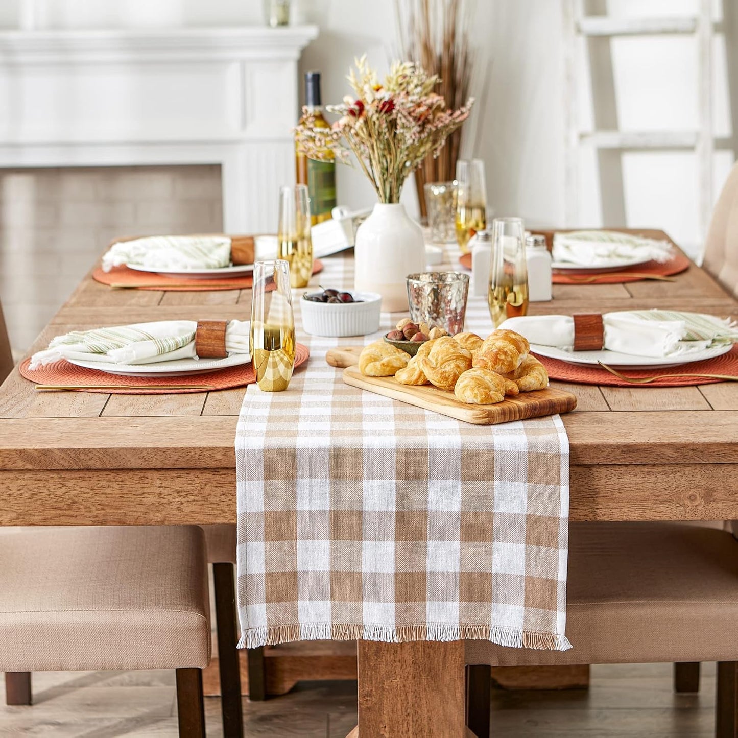 DII - Heavyweight Fringed Check Table Runner, 14x72, Stone Brown
