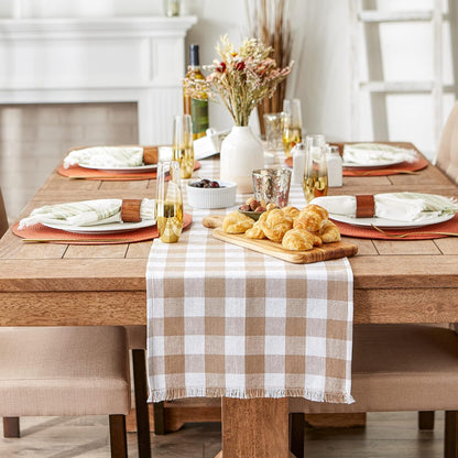 DII - Heavyweight Fringed Check Table Runner, 14x72, Stone Brown