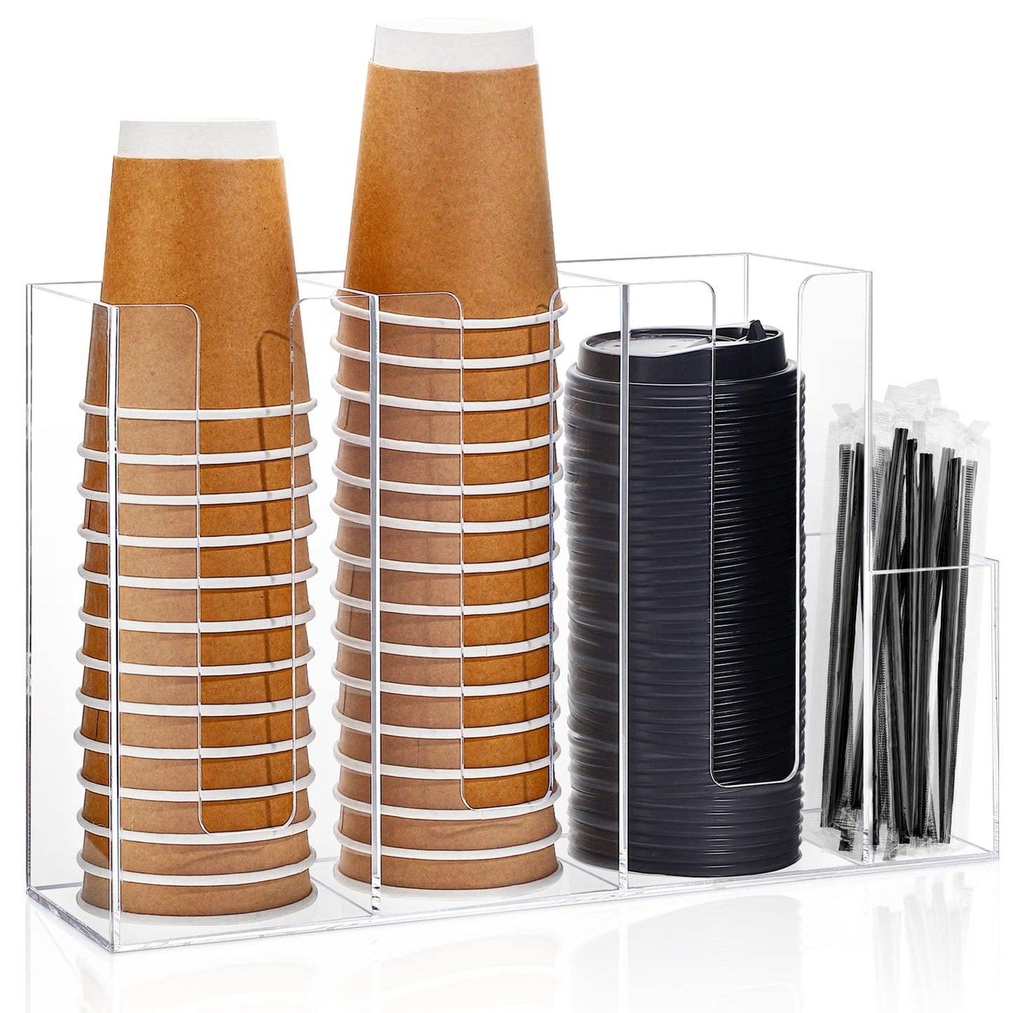 Cunhill 4 Compartments Acrylic Coffee Cup and Lid Storage Organizer Holder Disposable Paper Cup Dispenser Organizer Plastic Lid Holder Accessories for Kitchen Bar Shop Party Supplies(Transparent)