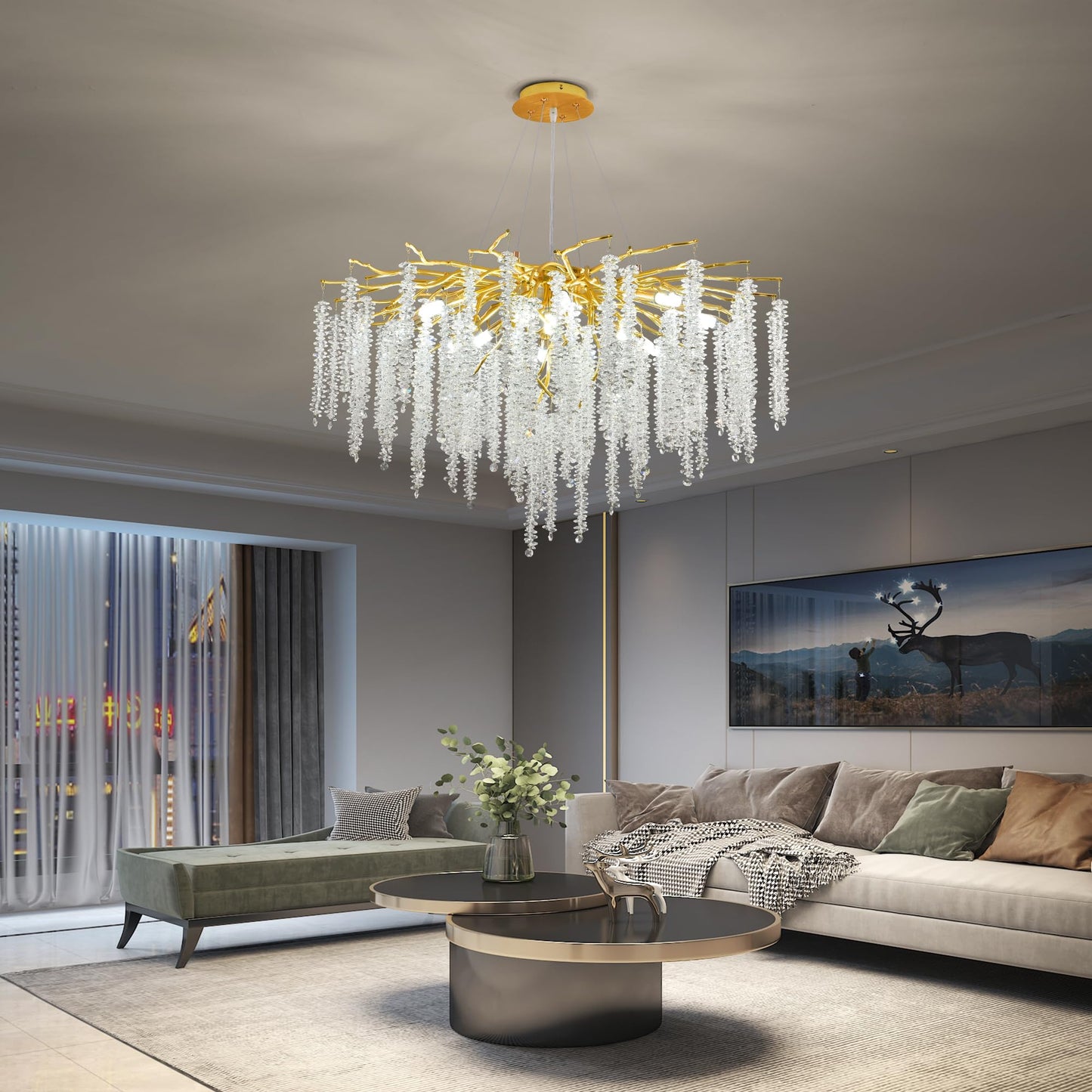 Puvaue Crystal Tree Branches Chandeliers Luxury Round Raindrop Pendant Light Fixture Ceiling Hanging Light for Dining Room Bedroom Living Room Entryway D31.5“ Gold