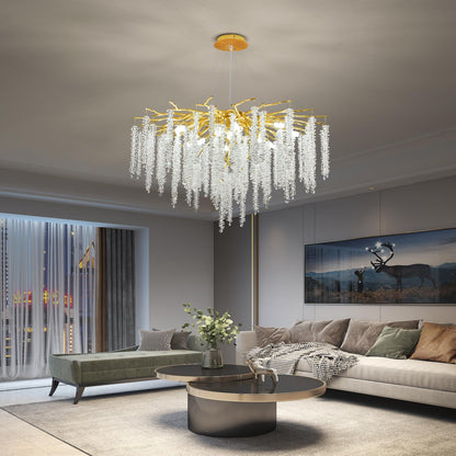 Puvaue Crystal Tree Branches Chandeliers Luxury Round Raindrop Pendant Light Fixture Ceiling Hanging Light for Dining Room Bedroom Living Room Entryway D31.5“ Gold