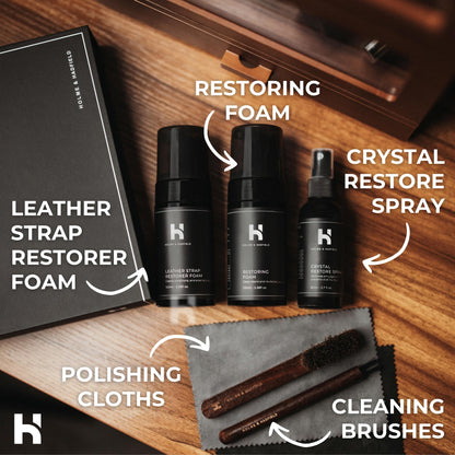 7 Slot Watch Box & Cleaning Kit Bundle – Large Wooden Watch Organizer Case + Full Watch Care Set (Crystal & Leather Care Restorer, Metal Cleaning Solution, Brushes, & Microfiber Cloth) | Gift for Men