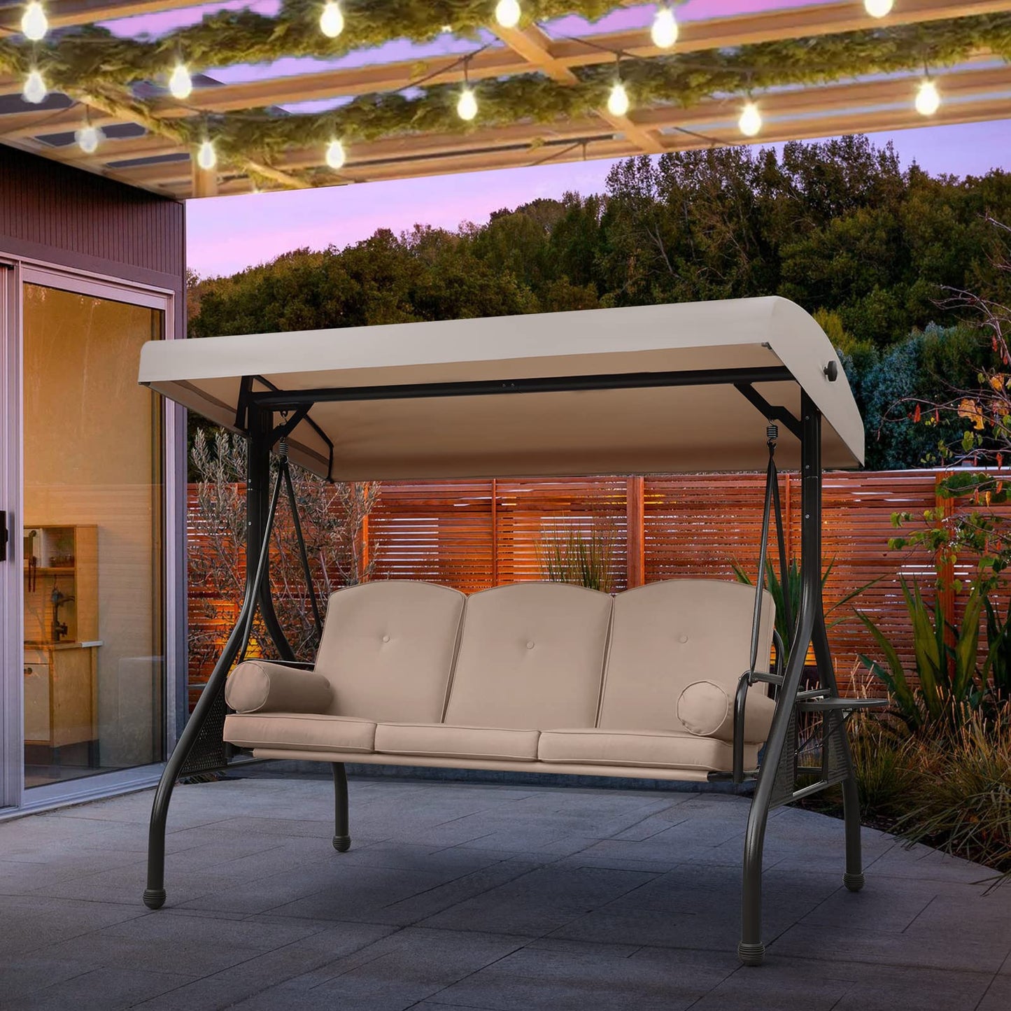 NOBLEMOOD Patio Porch Swing, 3-Seat Outdoor Swing with Adjustable Canopy, Waterproof Fabric Cushion, Pillow and Foldable Side Tray for Patio, Backyard, Porch Swing Bed for Spring