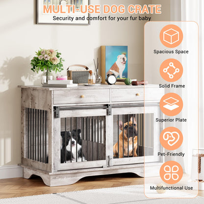 IDEALHOUSE 47'' Dog Crate Furniture,Indoor Wooden Dog Kennel with 2 Storage Drawers,4 Doors and Large Tabletop,Decorative Pet House for Large, Medium, and Small Dogs(Grey)