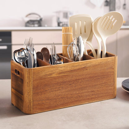 SANOSY 16" Wooden Kitchen Utensil Holder, Extra Large Acacia Wood Organizer for Cooking Tools, Utensils & Cutlery Storage – 4-Compartment Countertop Holder