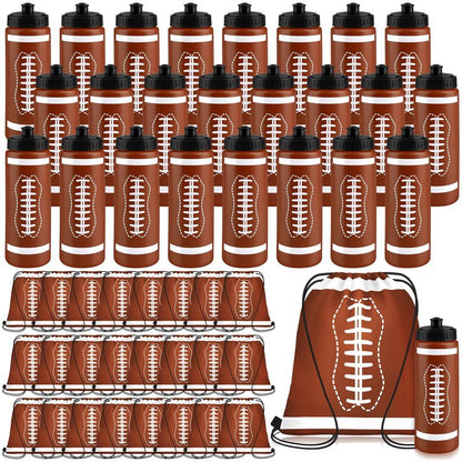Denylo pro 24 Sets Football Water Bottle with Football Drawstring Bag Set Plastic Brown Water Bottles for Rugby Player Sport Gym Party Favor