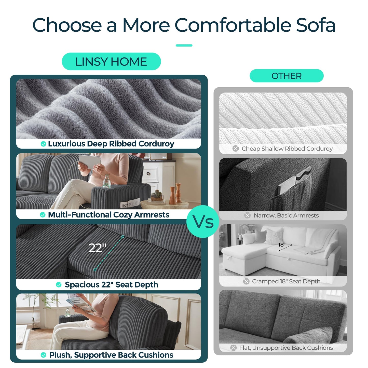 LINSY HOME Sectional Sleeper Sofa with Pull Out Couch Bed - Convertible Plush Corduroy Cloud Couch with Storage Chaise & USB Charging, Comfy L Shaped Modular Couches for Living Room Apartment (Grey)