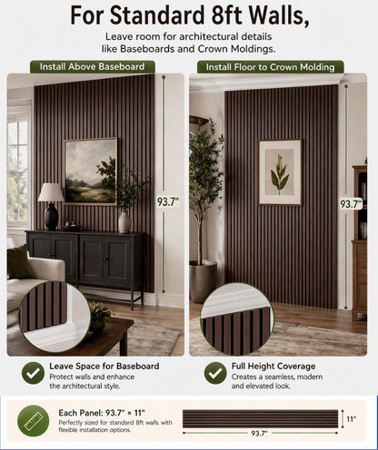Wood Slat Wall Panels - 4 Pack 93.7" × 11" - Acoustic Panels Noise Reduction for Home Office Studio, 3D Fluted Sound Dampening Absorbing Panels, Dark Walnut