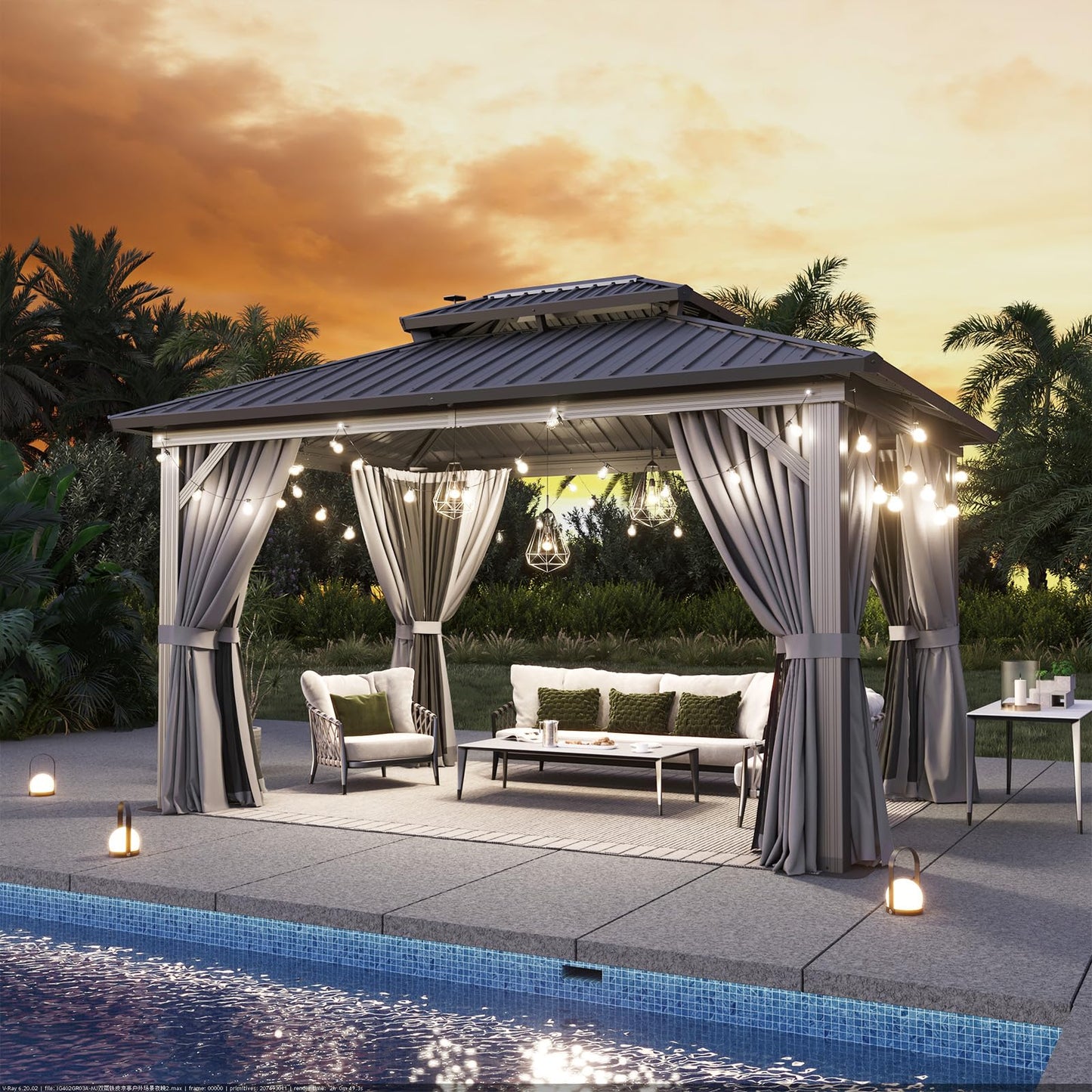 Aoxun 10'x14' Hardtop Gazebo, Aluminum Frame Canopy with Double Galvanized Steel Roof, Outdoor Metal Pavilion with Netting, Curtains for Backyard, Patio and Deck