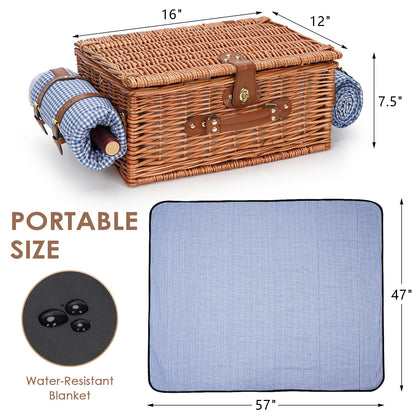 Picnic Baskets for 2, Picnic Basket with Waterproof Blanket, Picnic Basket Set with Washable Beach Mat & Large Insulated Cooler Compartment, Handmade Natural Wicker Hamper for Camping, Outdoor Party