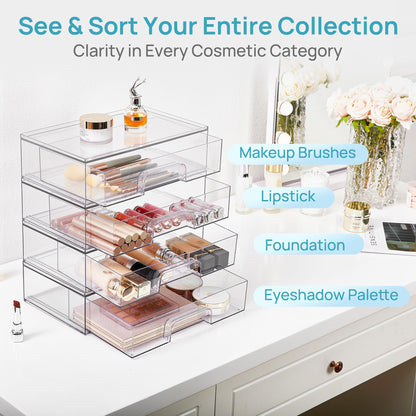 Vtopmart 12.1''W Clear Stackable Storage Drawers,4 Pack Acrylic Plastic Organizers Bins for Makeup Palettes, Cosmetics, and Beauty Supplies,Ideal for Vanity, Bathroom,Cabinet,Desk Organization