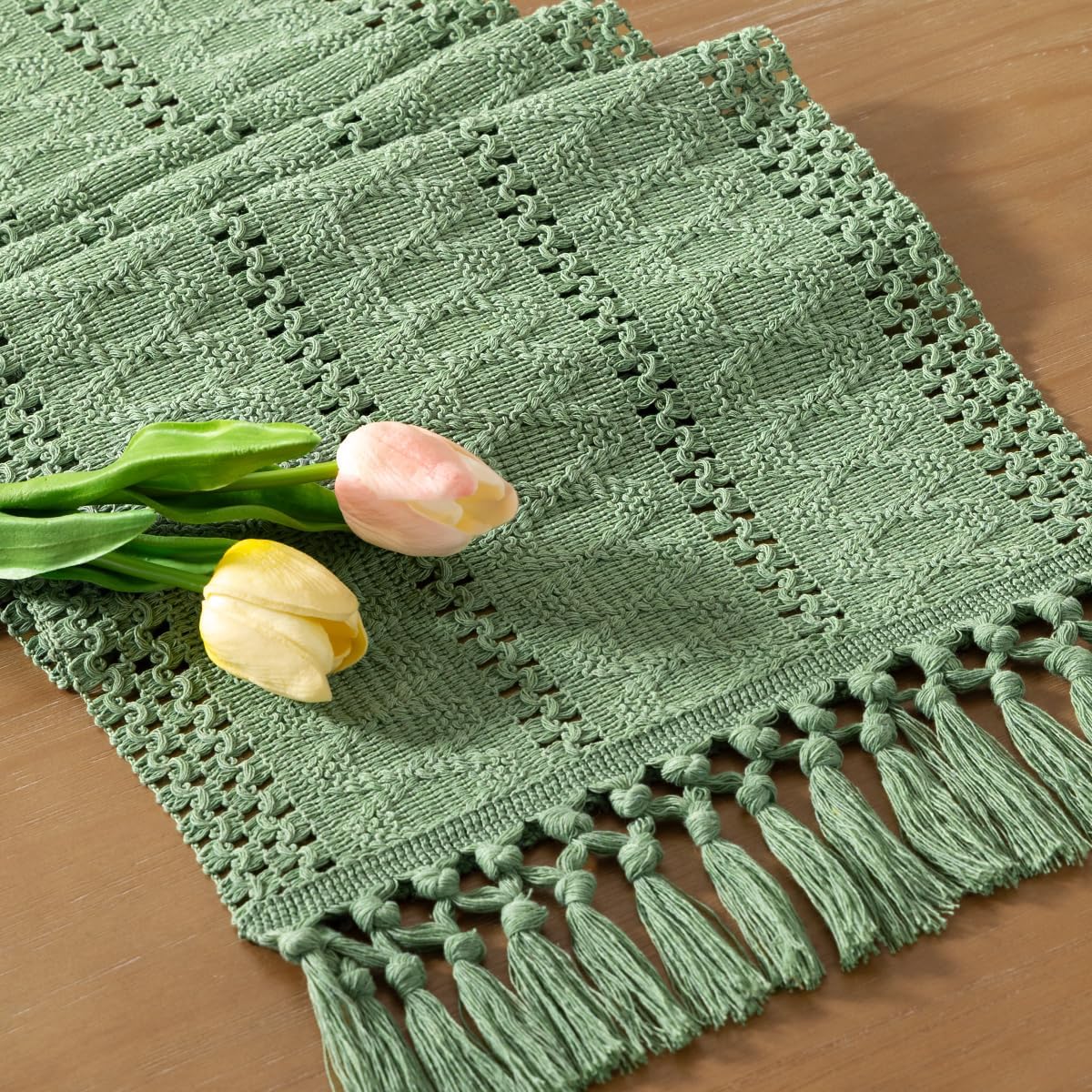 12x108 inch Socomi Sage Green Boho Table Runner Macrame Long Easter Spring Farmhouse Woven Cotton Linen Rustic Coffee