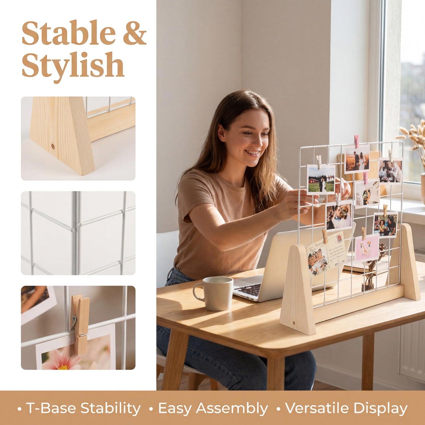 WANMEIZI 15.7”X15.7” Grid Wall Countertop Display Stand Metal Grid Wall Stand with Mini T-Base Portable Tabletop Display Unit with 20 Small Clips for Shows Retail Crafts Artistic Drawings Photos