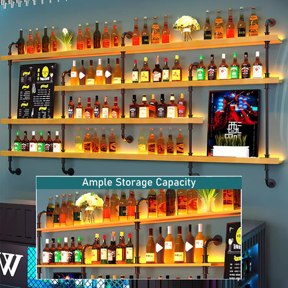 Dawselod Wall-Mounted Wine Rack with LED Lights 4-Tier Wooden Floating Bar Shelves Creative Large Wine Bottle Display Rack Hanging Shelf, for Home Bar Kitchen,Living Room (Wood, 180cm/71in)