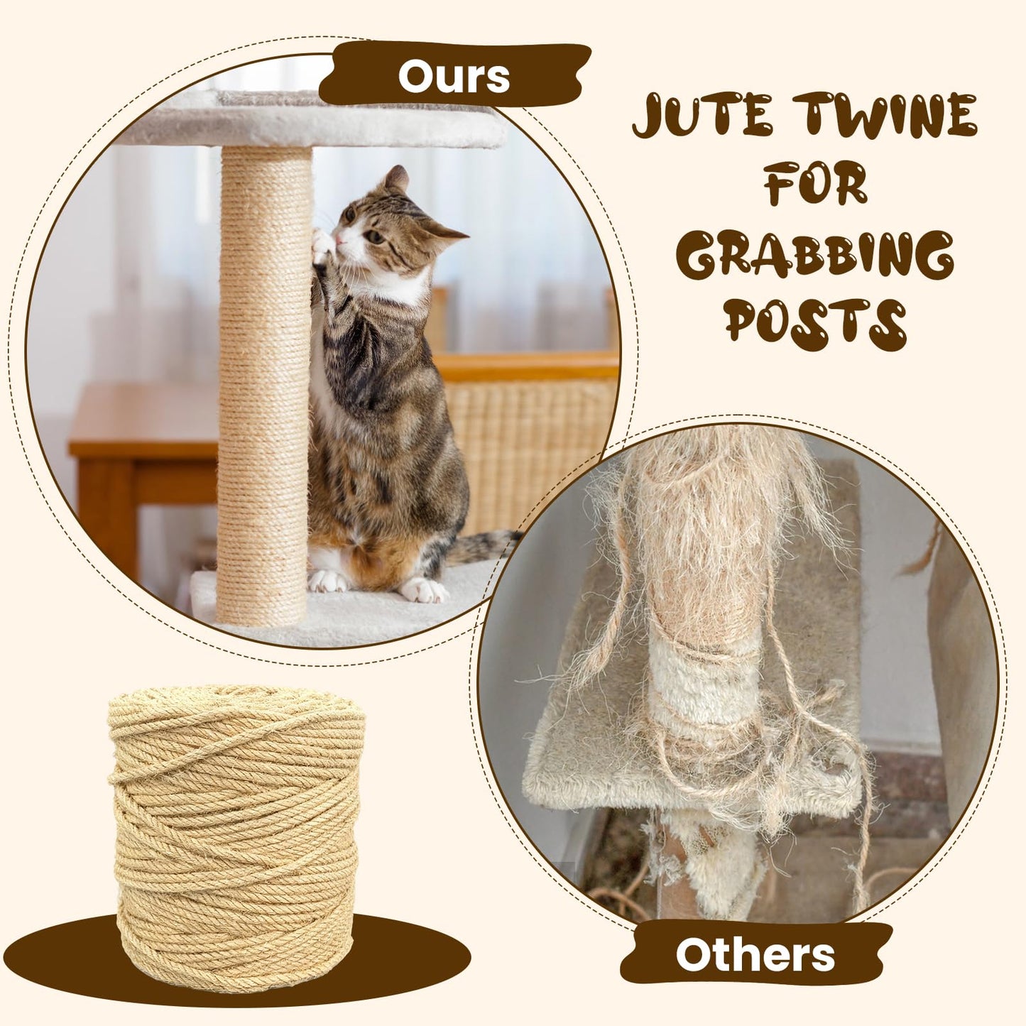 Natural Jute Twine 5mm x 656ft, 4Ply Twisted Heavy Duty Rope Roll for Gardening, Crafting, Bundling, Cat Scratching Post, Home Decor, Christmas Decorations
