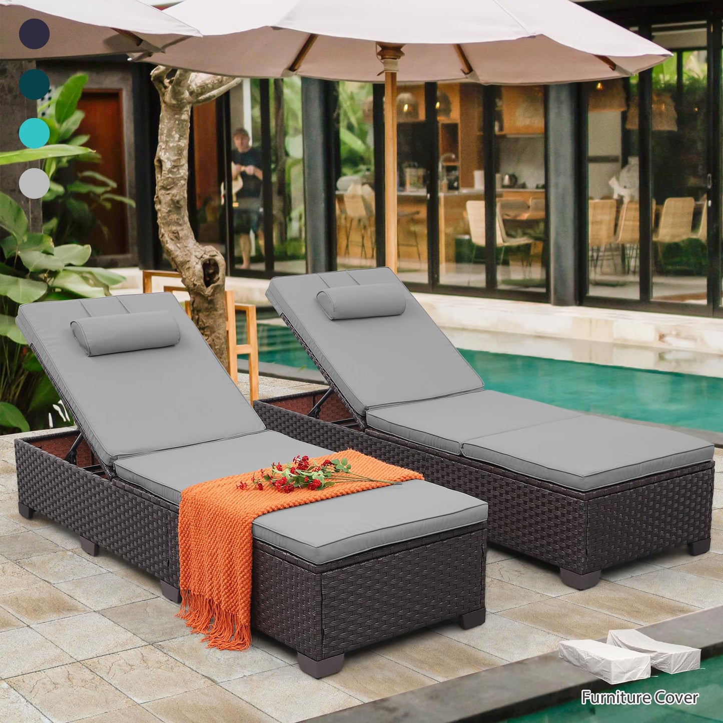 Rattan Star Brown Wicker Patio Chaise Lounge Chairs Set of 2 Outdoor Chaise Lounge Pool Lounge Chairs Poolside Recliner Chairs with Grey Cushions and Headrest