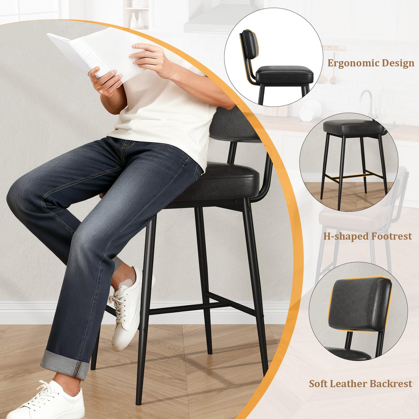 GarveeHome Bar Stools Set of 4, 26" Black Faux Leather Counter Height Bar Stools with Backs, Modern Upholstered Barstool Chairs with Metal Legs for Kitchen Island, Home Bar, Dining Room